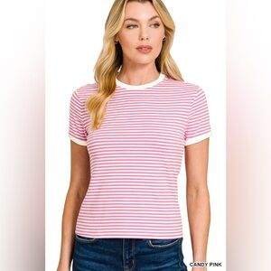 Zenana Striped Contrast Trim Tee